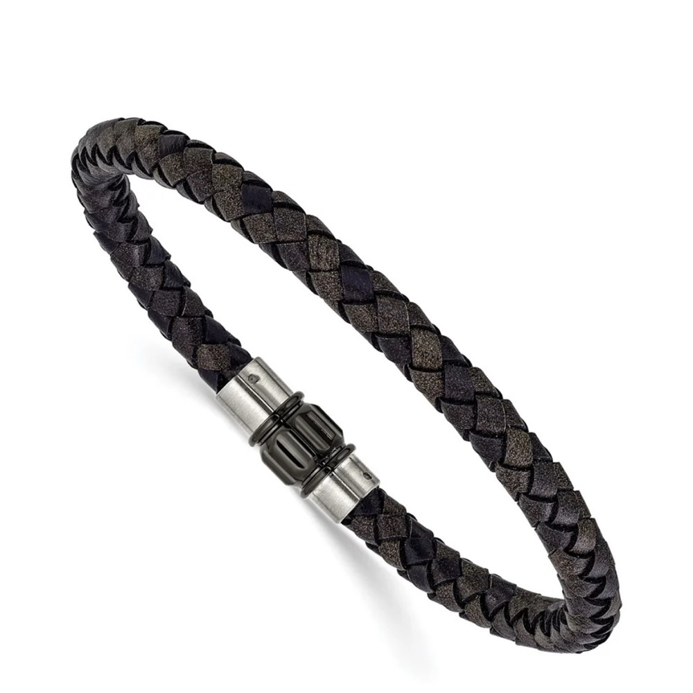 Chisel Stainless Steel Brushed & Polished Black Woven Leather 8.5 inch Bracelet